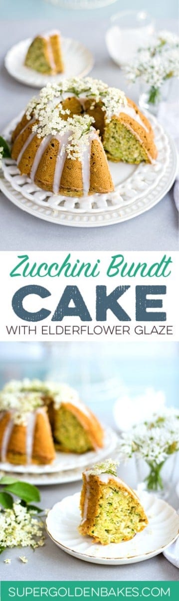 Wonderfully moist zucchini coconut bundt cake with elderflower glaze. Can be baked as a bundt or small loaf cake and it's great for breakfast or snacking. 