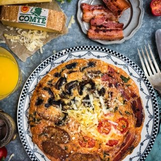 Fully Loaded Breakfast Frittata with Comté Cheese, Bacon, Sausages, Tomatoes and Mushrooms