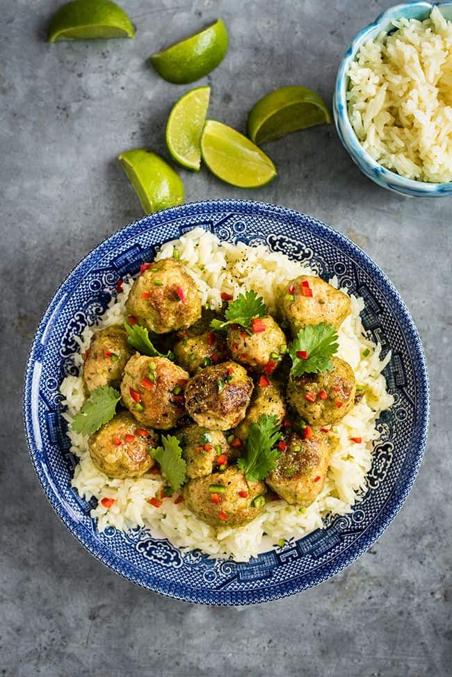 Thai green curry chicken meatballs served over rice