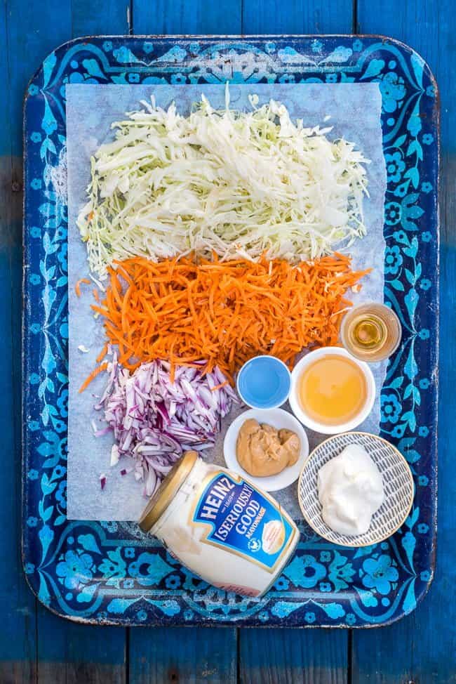Ingredients for asian coleslaw laid out on a tray