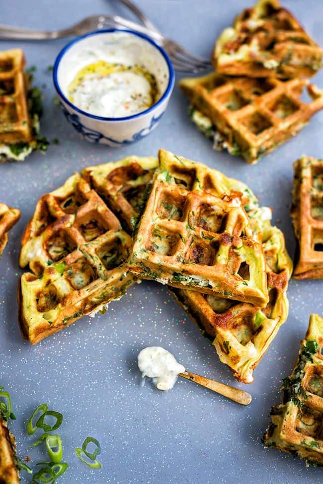 savoury Spinach waffles with potatoes and feta served with tzatziki on the side