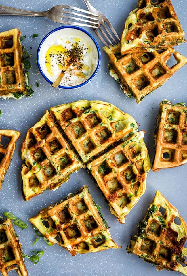 overhead view of greek spinach and feta waffles
