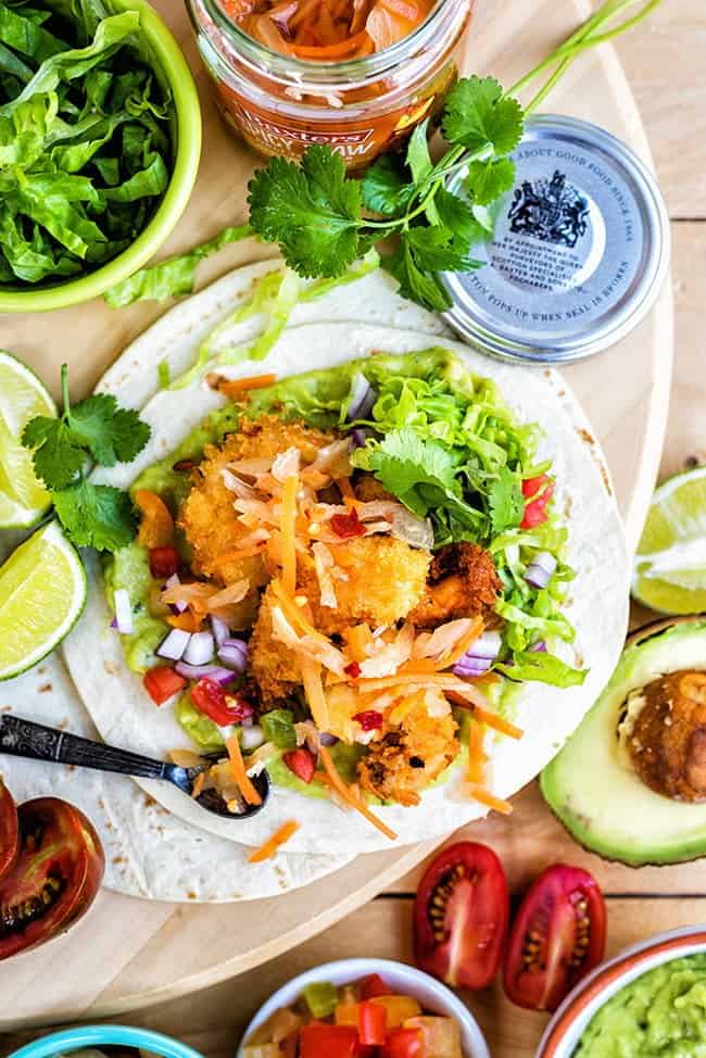 Shrimp Tacos with Guacamole and Spicy Slaw