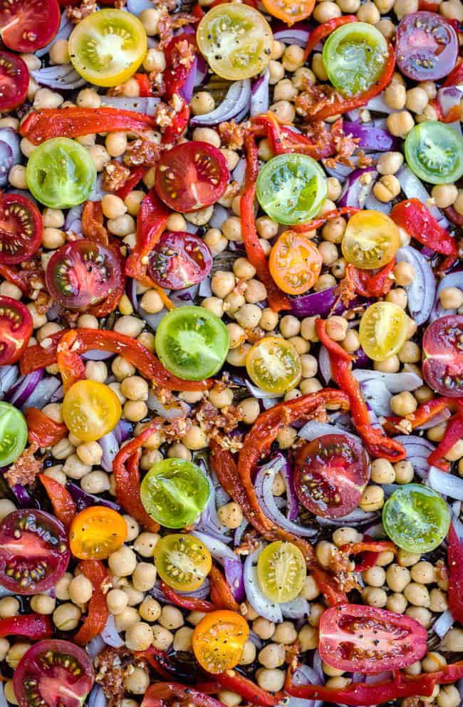 Tomatoes and chickpeas on a tray