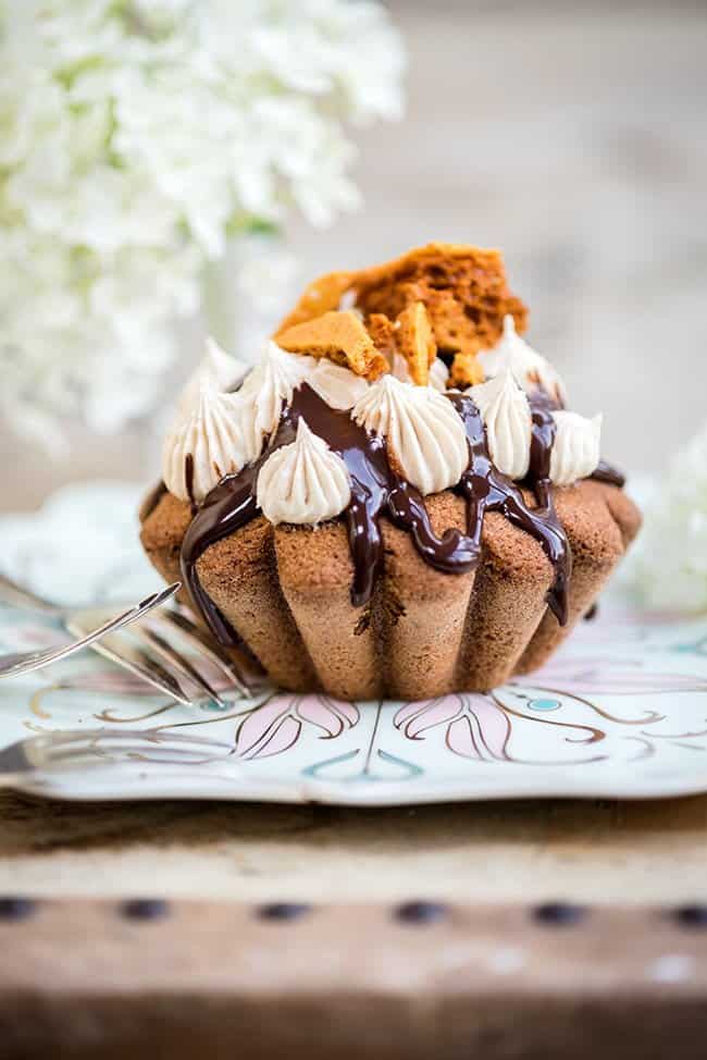 Coffee and Walnut Cupcakes with Honeycomb and Chocolate Sauce