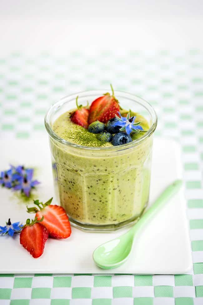 Vegan Matcha overnight oats with coconut milk, chia seeds and fresh fruit 