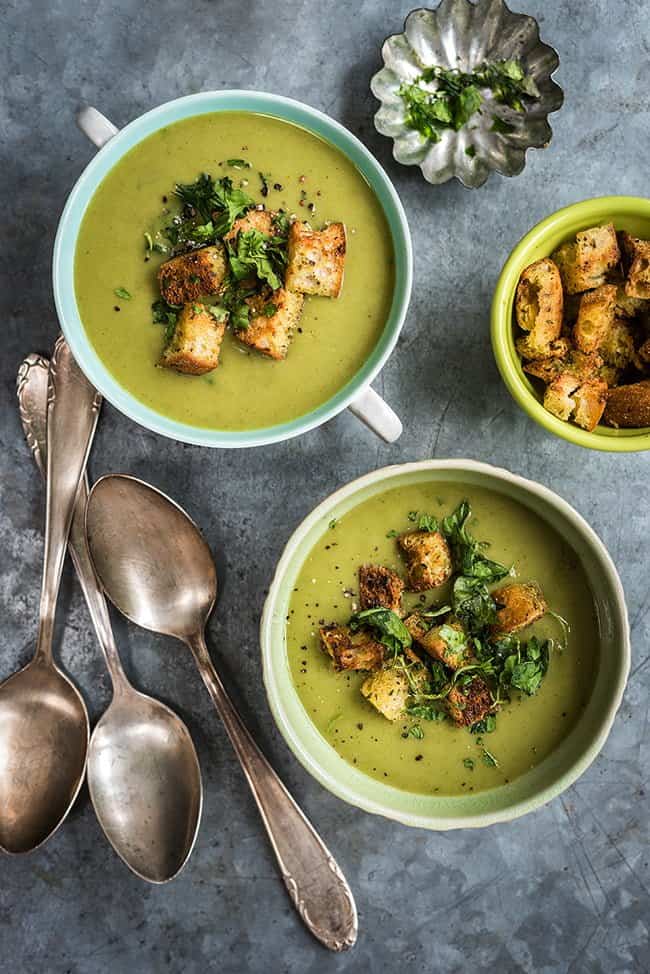 Spinach Coconut Zucchini Soup with garlic croutons