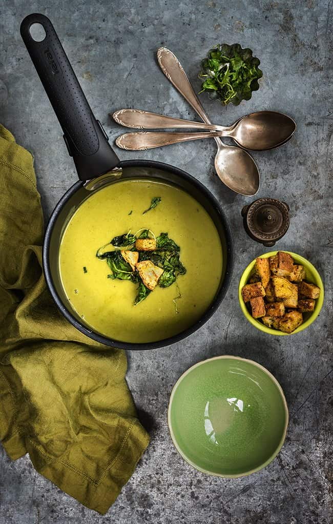 Spinach Coconut Zucchini Soup with garlic croutons