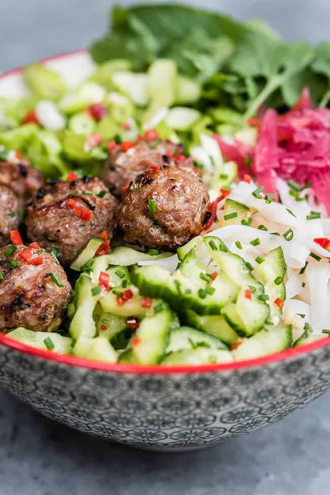 Bun Cha: Vietnamese rice noodle salad with grilled pork meatballs – quick and easy to assemble and packed with flavour.