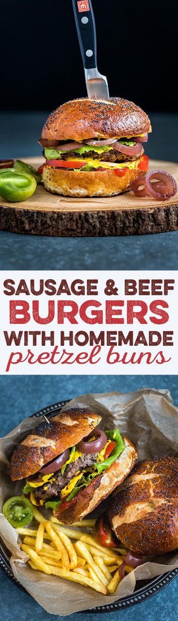 These delectable burgers combine minced beef and sausage meat for a truly addictive taste. The pretzel buns are super easy to make in the bread maker.