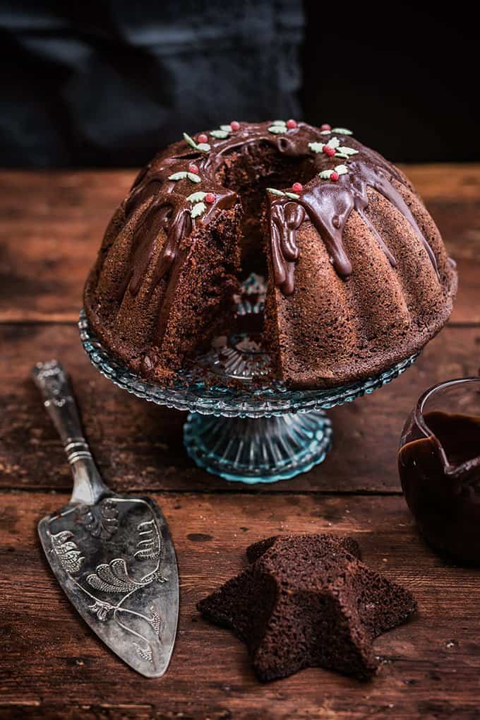 Chocolate gingerbread bundt cake with chocolate glaze