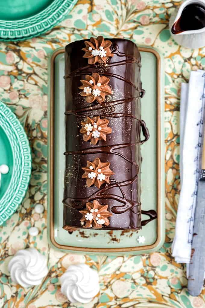 Christmas Yule Log with spiced chocolate filling and mirror chocolate glaze – a delicious festive dessert that is not just for Christmas!