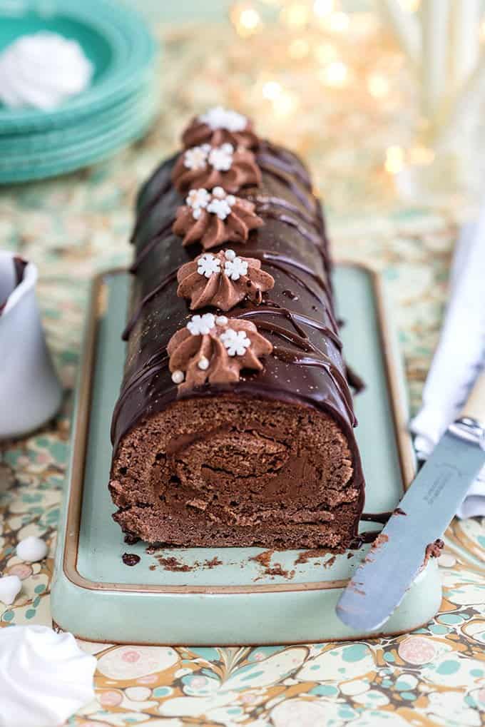 Gingerbread Yule log with spiced chocolate filling and chocolate mirror glaze