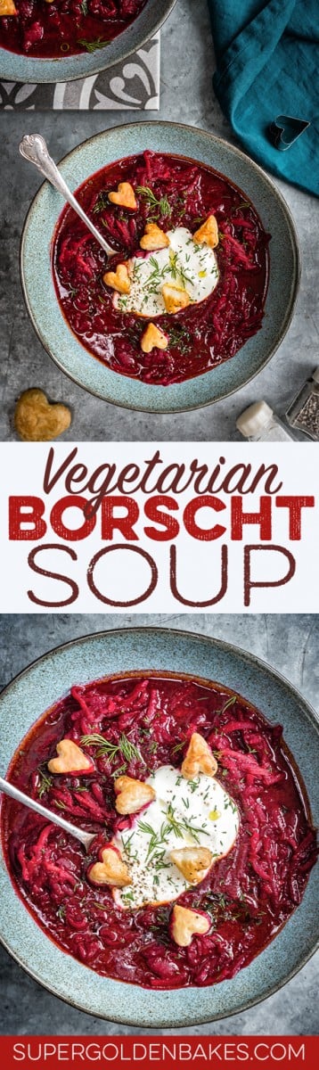 Simple vegetarian borscht soup - incredibly vibrant and unbelievably delicious. Serve with sour cream, fresh dill and puff pastry hearts ❤️ 