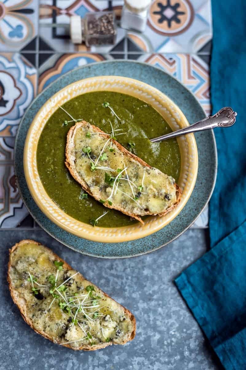 Broccoli and kale soup with Stilton toast – a simple, tasty and vibrant recipe to get you through winter!