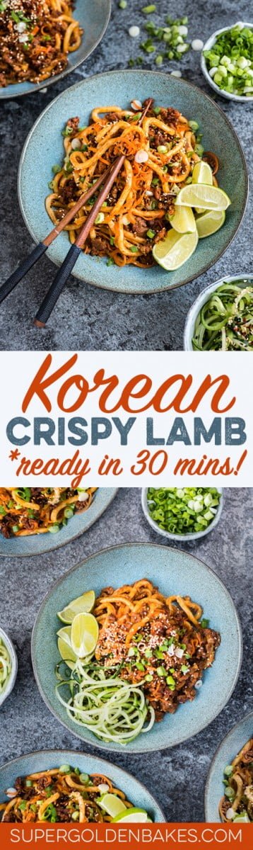 Spicy Korean crispy lamb with udon noodles and spiralized carrots – ready in 30 minutes!