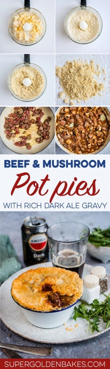 Beef and mushroom pot pies with thyme crust – individual mini-pies filled with delicious slow cooked beef and mushrooms in a dark ale gravy.