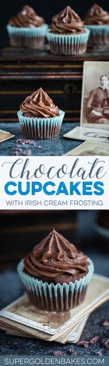 Chocolate cupcakes with chocolate Irish cream frosting – foolproof chocolate cupcakes with the most addictive chocolate, mascarpone and Irish cream frosting. Perfect for St. Patrick's Day!
