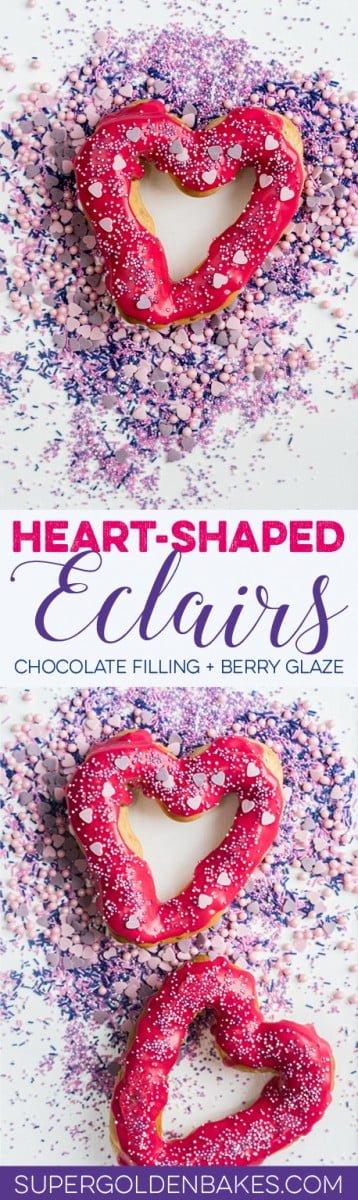 Heart-shaped chocolate eclairs with berry glaze and fairy sprinkles! These adorable eclairs are the perfect Valentine's Day dessert.