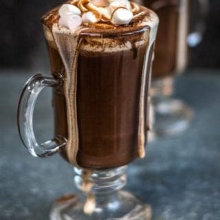 Red wine hot chocolate with marshmallows and whipped cream topping – an indulgent hot drink that's definitely for grown ups only!