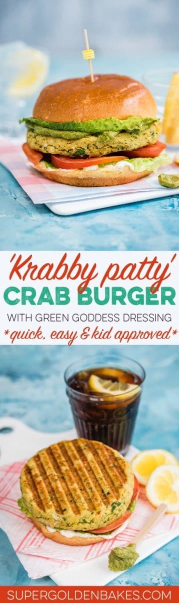 Krabby patty' - crab burger with avocado green goddess dressing. Quick, easy and delicious this will be adored by kids and adults alike.
