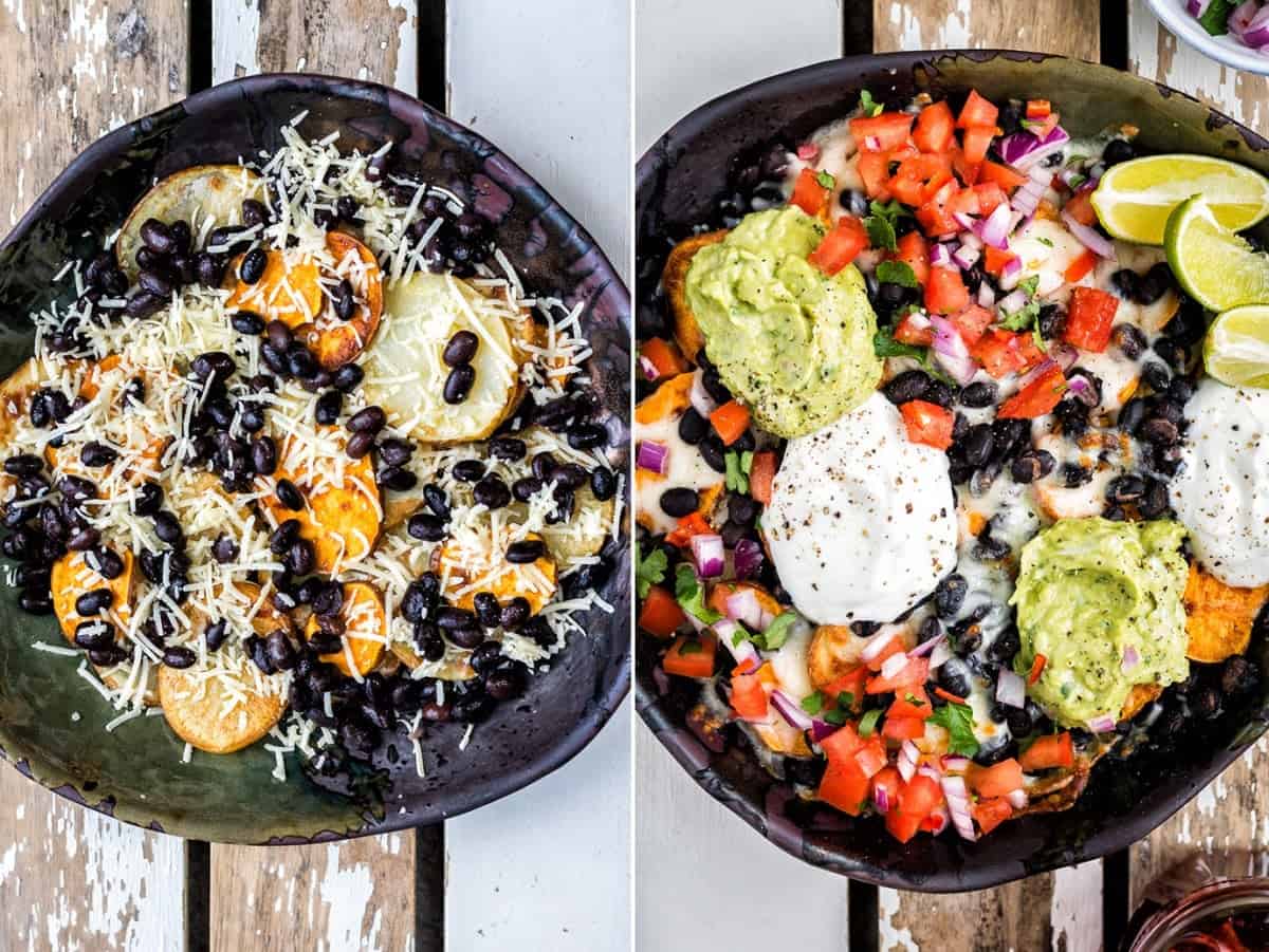 Fully loaded vegetarian sweet potato nachos with guacamole and salsa