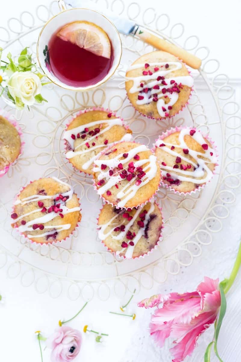 Gluten-free raspberry and white chocolate muffins with simple glaze
