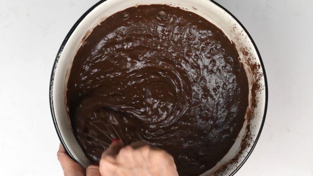 mixing vegan chocolate cake batter in a bowl