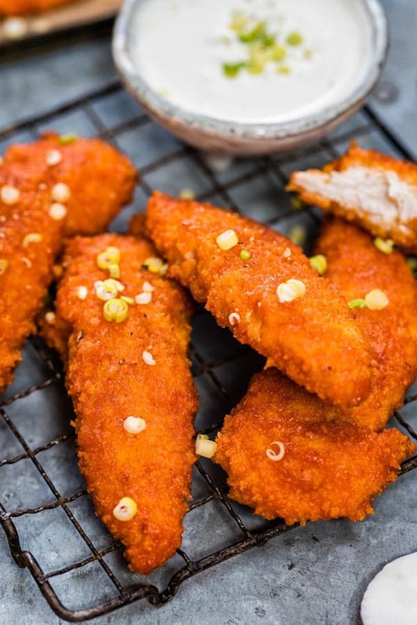 Ovenbaked Buffalo Chicken Tenders with Feta Dip Supergolden Bakes