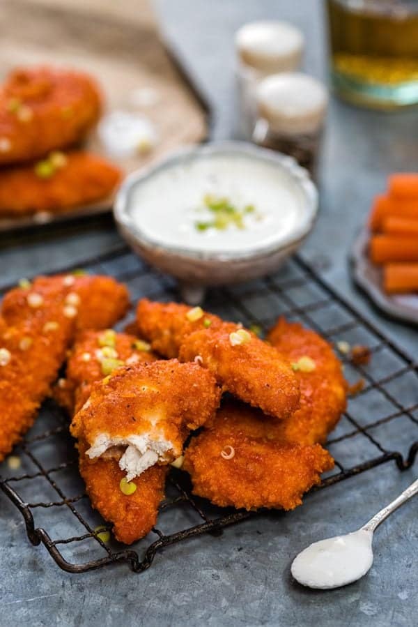 Ovenbaked Buffalo Chicken Tenders with Feta Dip Supergolden Bakes