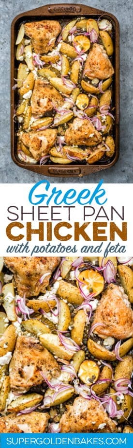 Greek sheet pan chicken with potatoes and feta - cooks in 30 minutes.