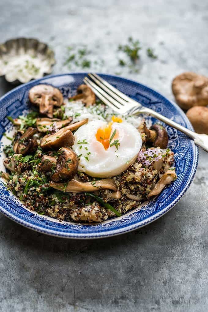 Vegetarian mushroom, spinach and quinoa risotto with oven-poached eggs