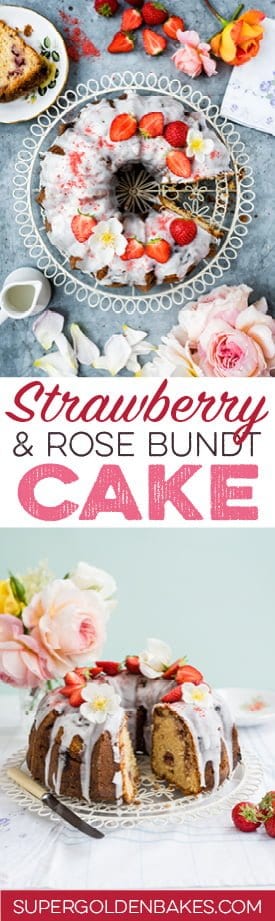 This gorgeous rose scented bundt cake is dotted with fresh strawberries and covered with a simple lemon glaze.