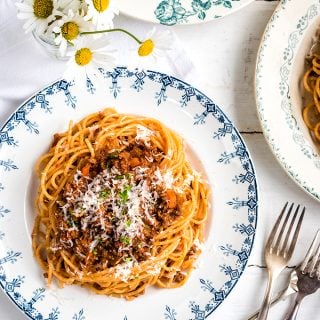 Spaghetti Bolognese on a patterned plate