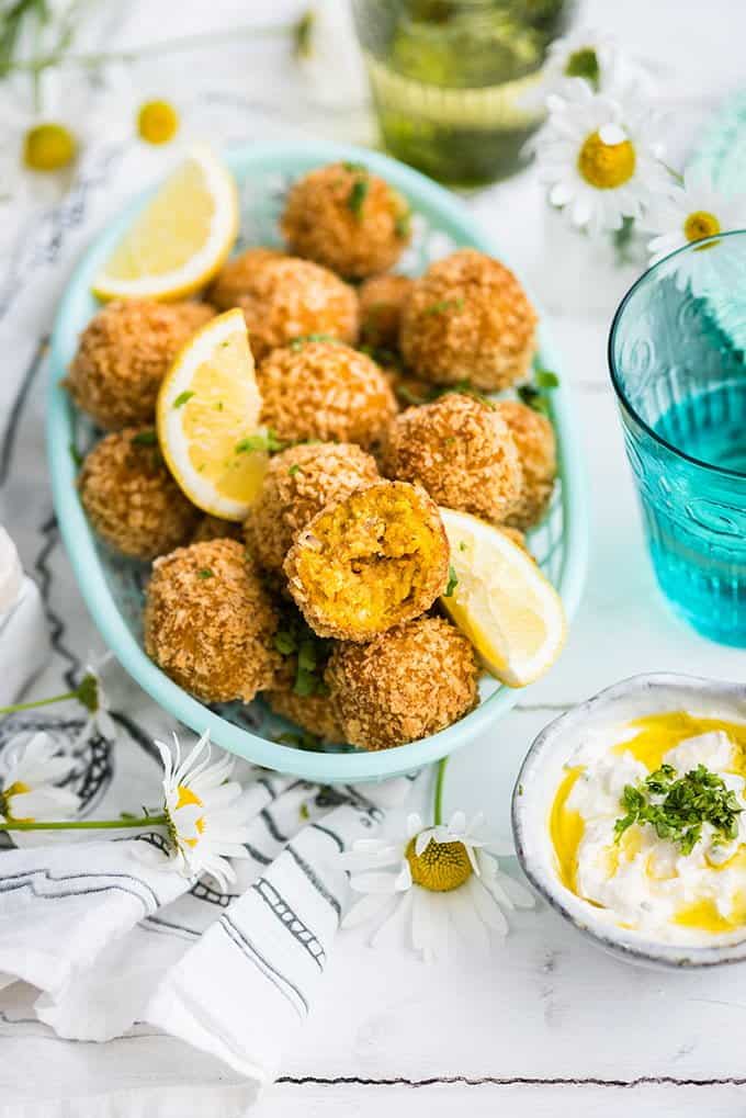 Make these carrot falafel with tahini yogurt dipping sauce to serve as a shared plate or for a vegetarian lunch. Delicious and so easy!