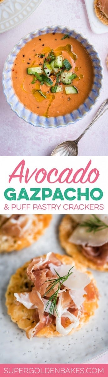 This summery gluten-free gazpacho with avocado and watermelon is basically summer in a bowl! Serve with puff pastry crackers topped with Grana Padano and Prosciutto di San Daniele.