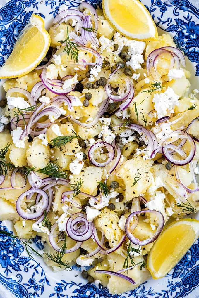 Close up of Greek Potato Salad on a platter 