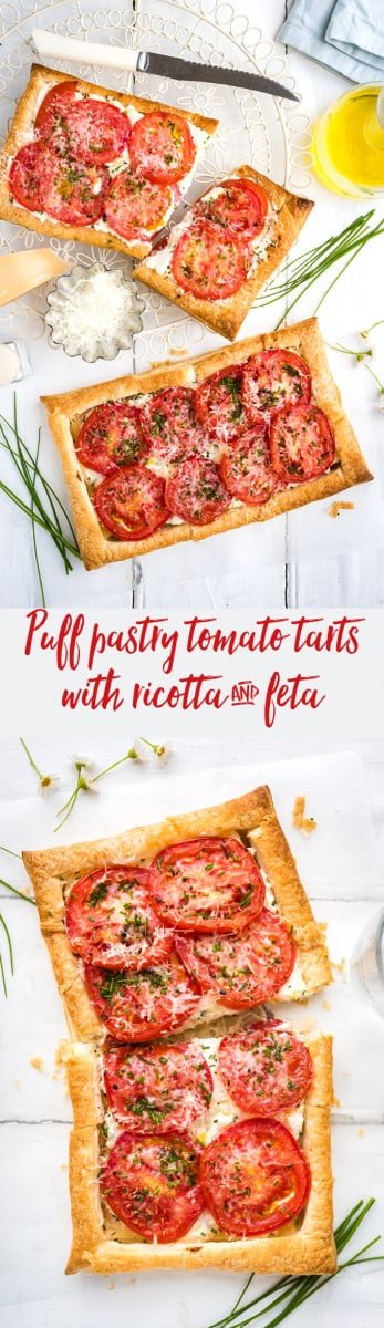 These super-easy vegetarian puff pastry tomato tarts with feta and ricotta make an excellent starter or light summer lunch.