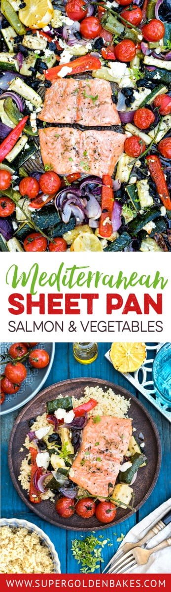 Mediterranean sheet pan salmon – ready in 30 minutes! This quick meal is easy, healthy and delicious making the most of summer vegetables.