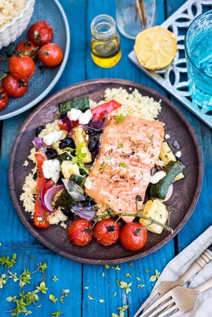 30 minute Mediterranean sheet pan salmon with couscous