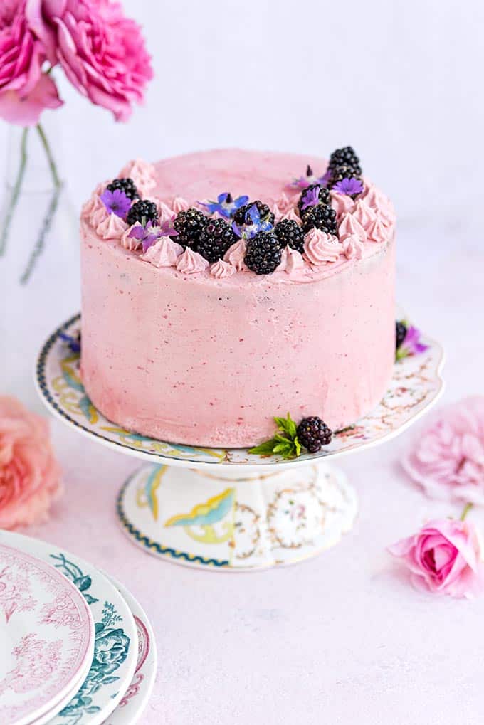 Vanilla layer cake with blackberry buttercream