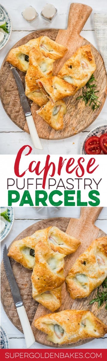 These super-easy vegetarian Caprese puff pastry parcels are great as a quick snack or appetiser | Supergolden Bakes