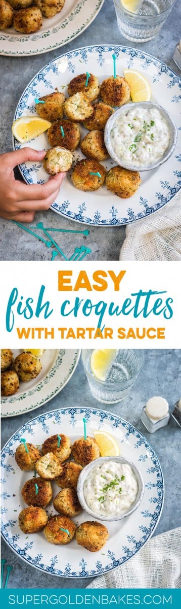 These herby fish croquettes, made with cod, haddock and salmon, are delicious served with easy tartar sauce. Kids and adults will love them! #fish | Supergolden Bakes