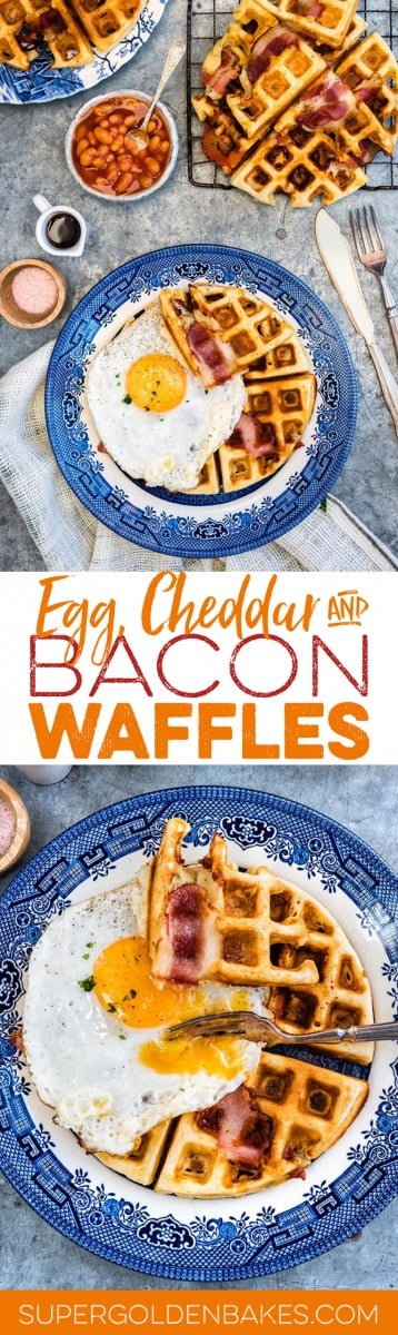 Take savoury waffles to the next level with these insanely delicious egg, cheddar and bacon breakfast waffles. #breakfast #waffles
