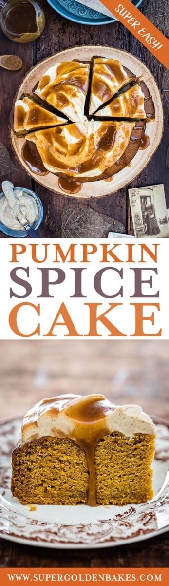 Pumpkin spice cake with cream cheese frosting and toffee drizzle - delicious and super easy | Supergolden Bakes