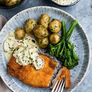 These pork schnitzel with creamy mushroom sauce cook in mere minutes and taste pretty sensational. Serve with boiled new potatoes or mash for the perfect midweek meal.
