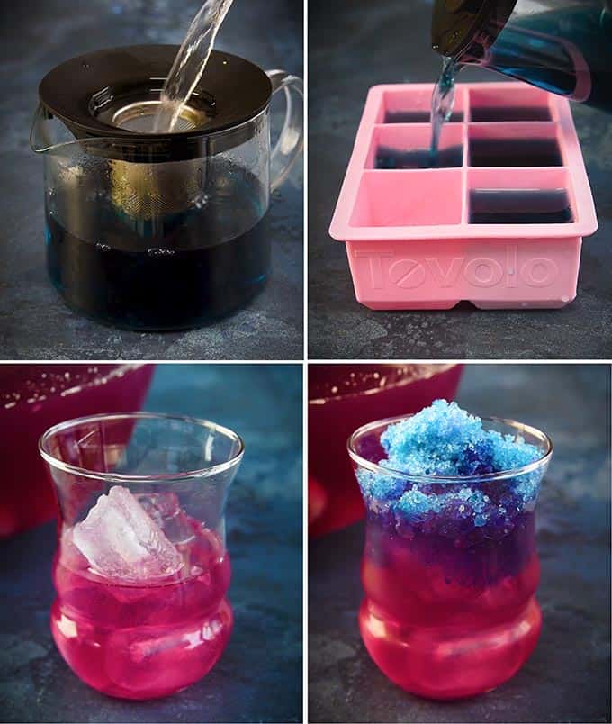 collage showing how to make a color changing cocktail using butterfly pea flower tea