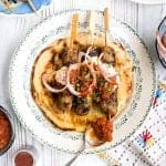 If you are not familiar with lamb kebab ‘giaortlou’ you are really in for a treat! Spiced lamb kofta served over warm pitta bread with a rich tomato sauce and yoghurt.