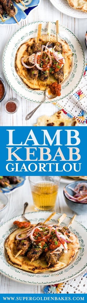 Lamb giaortlou kebab with tomato sauce and yoghurt served over pitta bread | Supergolden Bakes