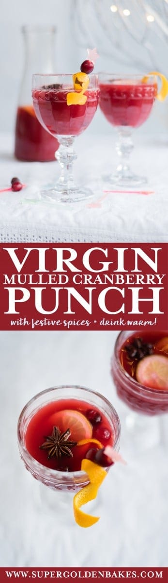 This virgin mulled cranberry punch is perfect for the holidays! Made with whole berry cranberry juice plus citrus and seasonal spices, it is best enjoyed warm, whether you are the designated driver or not! #Christmas #virginpunch #nonalcoholic #cranberries